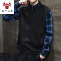 公牛乐途2020秋冬季新款男士衬衫领毛衣潮流个性线衣服假两件针织衫外套土