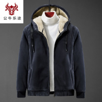 公牛乐途2020冬季加绒加厚羊羔毛男士外套开衫连帽休闲潮流帅气男装金丝绒卫衣
