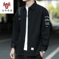 公牛乐途秋季长袖男士2020新款休闲黑色印花方领外穿宽松百搭潮流衬衫上衣