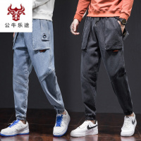 公牛乐途2020秋季束脚工装牛仔裤男士宽松秋冬新款加肥加大码哈伦潮流百搭裤子