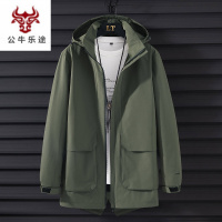 公牛乐途2020工装夹克男加肥加大码潮胖子男士外套春秋肥佬宽松中长款风衣连帽