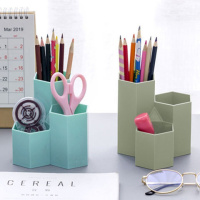 六角笔筒蓝色+绿色 韩版六角边菱形3格笔筒笔座多功能桌面收纳桶装饰化妆刷收纳桶
