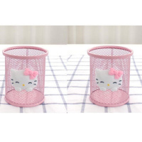 2个圆形KT猫 卡通金属粉色笔筒KT多功能可爱学生桌面爱心蝴蝶结收纳盒黑中性笔