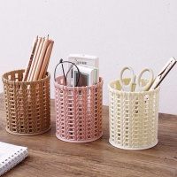 米白+浅粉+浅咖 创意仿藤编塑料笔筒 多功能简约镂空学生桌面收纳盒办公文具笔桶