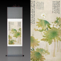 军绿色张大千高洁荷花 120*40 张大千月桂飘香丝绸画卷轴画办公室挂画国画古董书法字画装饰画