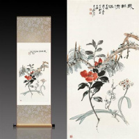 咖啡色张大千岁朝清供图 140*45 张大千月桂飘香丝绸画卷轴画办公室挂画国画古董书法字画装饰画