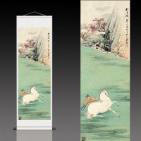 天蓝色张大千勒马图 140*45 张大千月桂飘香丝绸画卷轴画办公室挂画国画古董书法字画装饰画
