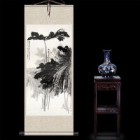 姜黄色张大千墨荷图 80*30默认一色装裱 张大千月桂飘香丝绸画卷轴画办公室挂画国画古董书法字画装饰画