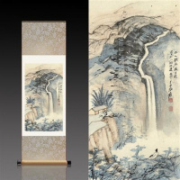 栗色张大千太乙观泉 140*45 张大千月桂飘香丝绸画卷轴画办公室挂画国画古董书法字画装饰画