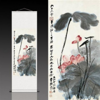 浅灰色张大千夏荷 150*55 张大千月桂飘香丝绸画卷轴画办公室挂画国画古董书法字画装饰画