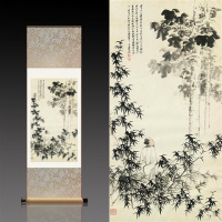 深棕色张大千新竹下人物 140*45 张大千月桂飘香丝绸画卷轴画办公室挂画国画古董书法字画装饰画