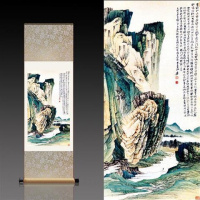 绿色张大千青山绿水 140*45 张大千月桂飘香丝绸画卷轴画办公室挂画国画古董书法字画装饰画