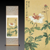 褐色张大千牡丹 80*30默认一色装裱 张大千月桂飘香丝绸画卷轴画办公室挂画国画古董书法字画装饰画