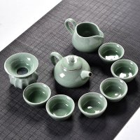 10头哥窑古壶绿色 特价玲珑陶瓷功夫茶具茶杯子套装家用茶盘泡茶壶简约冲茶器整套