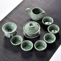 10头哥窑盖碗绿色 特价玲珑陶瓷功夫茶具茶杯子套装家用茶盘泡茶壶简约冲茶器整套