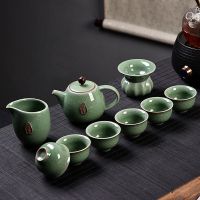 10头禅字哥窑绿色 特价玲珑陶瓷功夫茶具茶杯子套装家用茶盘泡茶壶简约冲茶器整套