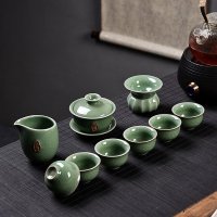 10头豆绿哥窑盖碗禅茶套组 特价玲珑陶瓷功夫茶具茶杯子套装家用茶盘泡茶壶简约冲茶器整套