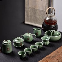 15头豆绿哥窑壶盖碗茶叶罐禅茶套组 特价玲珑陶瓷功夫茶具茶杯子套装家用茶盘泡茶壶简约冲茶器整套