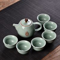 7头天青哥窑禅字套组 特价青瓷茶具陶瓷套装家用简约泡茶壶茶杯子茶盘整套玻璃功夫茶具