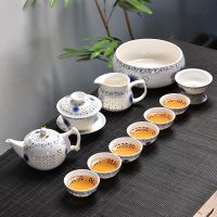玲珑青菊12头茶具(大套组) 特价玲珑陶瓷功夫茶具茶杯子套装家用茶盘泡茶壶简约冲茶器整套