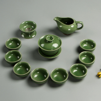 翡翠绿盖碗小套组12件套 特价!哥窑功夫茶具套装陶瓷家用茶杯整套泡茶器全国礼品茶具