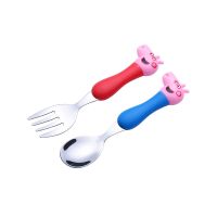 宝宝刀叉+勺子 304不锈钢儿童宝宝小猪宝宝卡通婴儿防烫刀叉勺叉子餐具礼盒套装