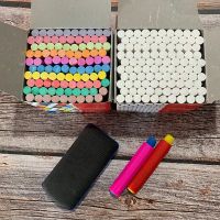 10色圆粉笔1白1彩+板擦笔套 粉笔无尘彩色儿童安全无毒宝宝教学黑板白色红色粉笔套100支