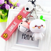 可爱卡通公仔钥匙扣创意韩国情侣钥匙链女男款汽车钥匙圈包包挂件 微笑粉绳+白粉铃铛+可爱草团子