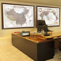 世界地图中国2019年新版高清挂图挂画复古办公室装饰画中英文竖版