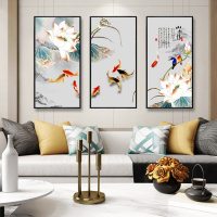 新中式客厅装饰画中国风荷花挂画沙背景墙九鱼图壁画餐厅三联画