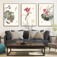 新中式装饰画水墨三联荷花挂画客厅沙后背景墙壁画花开富贵国画