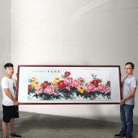 手绘国画牡丹客厅卧室挂画新中式装饰画字画卷轴装裱横幅花开富贵