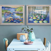 名画莫奈睡莲荷花纯手绘油画卧室餐厅玄关挂画装饰画电表箱现代