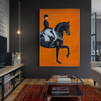 美式玄关装饰画轻奢橙色骑马挂画后现代北欧风手绘人物油画