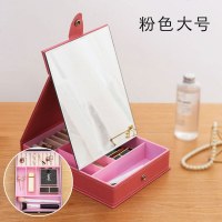 高清皮革化妆镜收纳盒单面台式镜子便捷随身梳妆镜折叠公主镜 大号粉色化妆盒新款