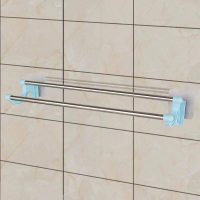 浴室毛巾架粘贴免打孔厨房单杆抹布挂架卫生间加厚毛巾杆置物架子 免打孔双杆加固带钩(巴黎蓝) 三只装55