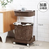 日式脏衣篮塑料洗衣篮手提篮大号装脏衣服收纳筐脏衣桶脏衣篓带轮 两层咖啡色升级款(盖子+隔)
