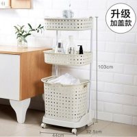 日式脏衣篮塑料洗衣篮手提篮大号装脏衣服收纳筐脏衣桶脏衣篓带轮 三层米白色升级款(带盖子)