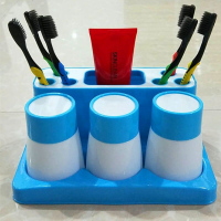 1/2/3口之家牙刷架洗漱套装情侣牙膏架漱口杯牙刷盒刷牙杯架台式 三人纯蓝色