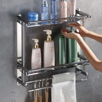 厨房置物架浴室毛巾架免打孔浴巾架不锈钢卫生间收纳架厕所壁挂件 免打孔款 双层60CM豪华置物架