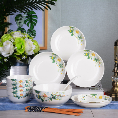 18件碗碟套装 家用陶瓷吃饭碗盘子菜盘面碗汤碗大号碗筷餐具组合-百合