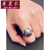 美芙仁猫戒指女纯银925红眼睛宝石猫咪动物时尚个性开口ins潮冷淡风