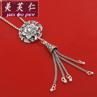 美芙仁复古民族风花朵项链纯银流苏吊坠女毛衣长链时尚饰品