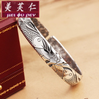 美芙仁鱼银手镯女9999纯银古风复古民族风实心开口银手环银饰锦鲤银镯子