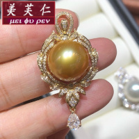 美芙仁南洋金珠吊坠正圆澳洲白珍珠项链925银镀18k金宴会女款毛衣链