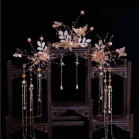 美芙仁复古风发饰流苏步摇发簪汉服头饰套装香槟色凤冠中式公主宫廷发冠