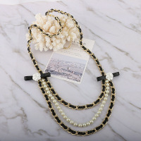 盛世尼曼欧美复古潮流金属皮质编制多层流苏腰链 冷淡风珍珠花朵腰带项链