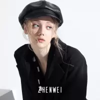 盛世尼曼经典~真蔚黑色PU皮质八角秋冬贝雷帽女英伦复古大码大头围报童帽帽子
