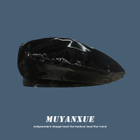 盛世尼曼帽子女春夏洋气显白蓝色贝雷帽pu亮皮质2020新款网红漆皮画家帽潮