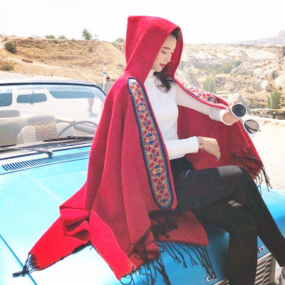 盛世尼曼秋冬连帽披肩民族风两用保暖红色沙漠斗篷女西藏青海云南旅游外套